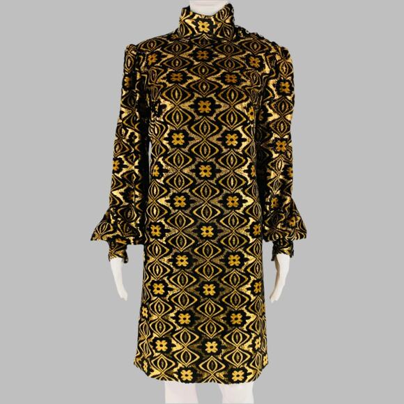 GUCCI Size XL Black Gold Viscose Blend Long Sleeve Cocktail Dress - Picture 1 of 10